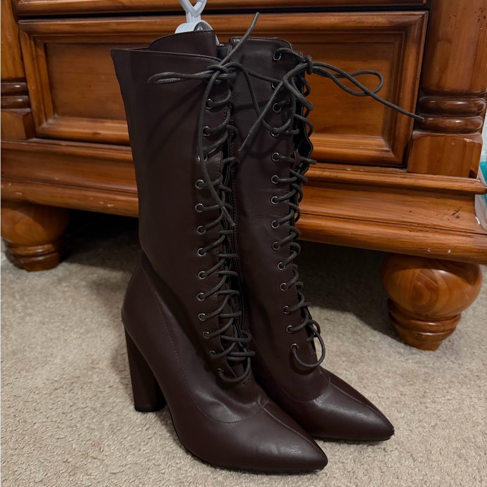 Nasty Gal Lace-Up Calf-High Faux Leather Boots